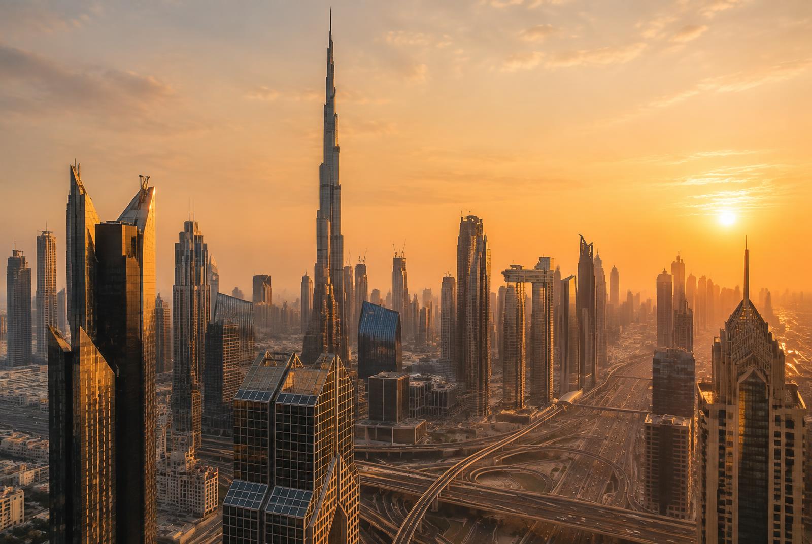 Dubai skyline with the Burj Khalifa and the city's road network