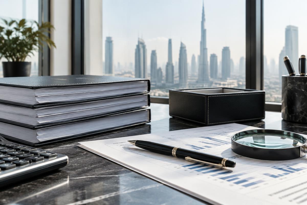 Executive financial audit review meeting in modern Dubai corporate office