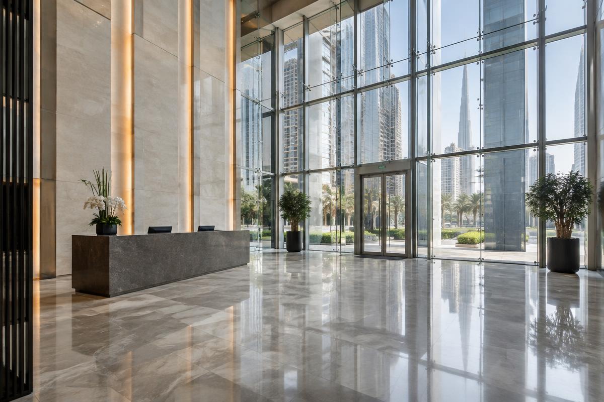 Corporate advisory partnership handshake in modern Dubai office overlooking Burj Khalifa