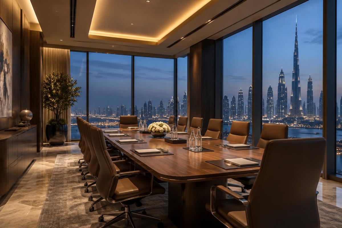 C-suite executive boardroom financial strategy meeting overlooking Dubai skyline