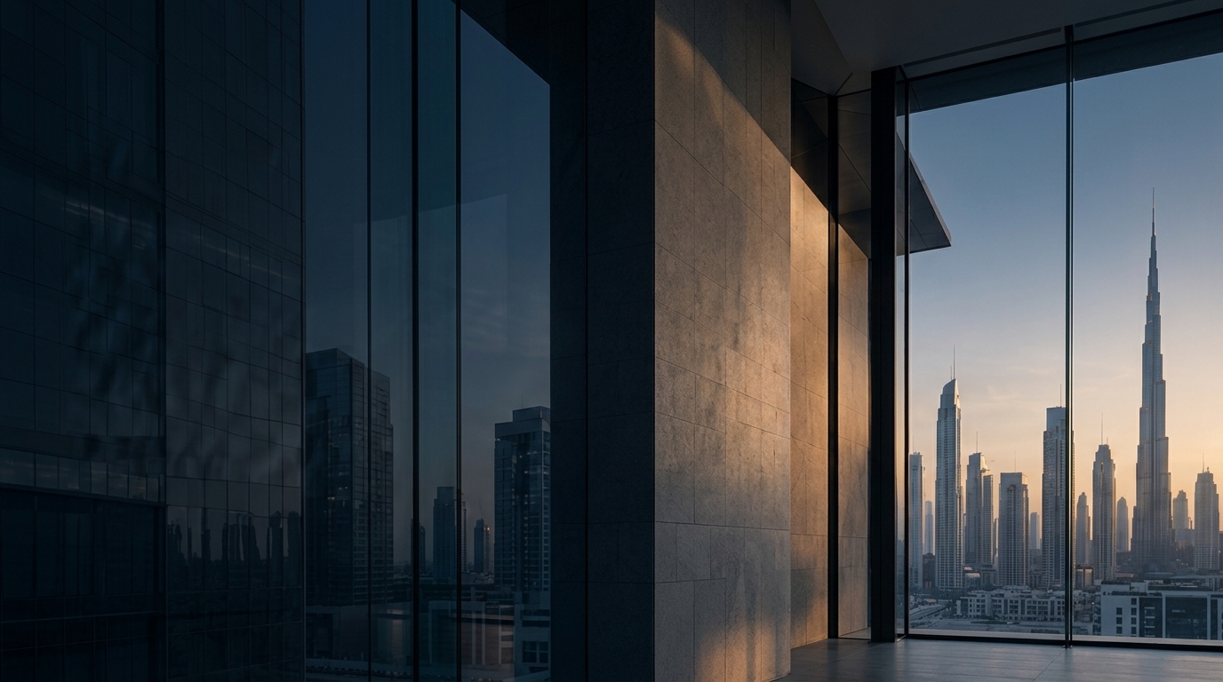 Modern Dubai corporate architecture overlooking Burj Khalifa skyline